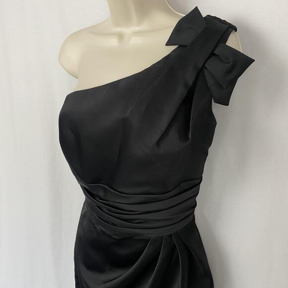 Davids Bridal Dress Women 14 Black Satin One Shoulder Bow Ruched Party LBD 84333 - Picture 2 of 13